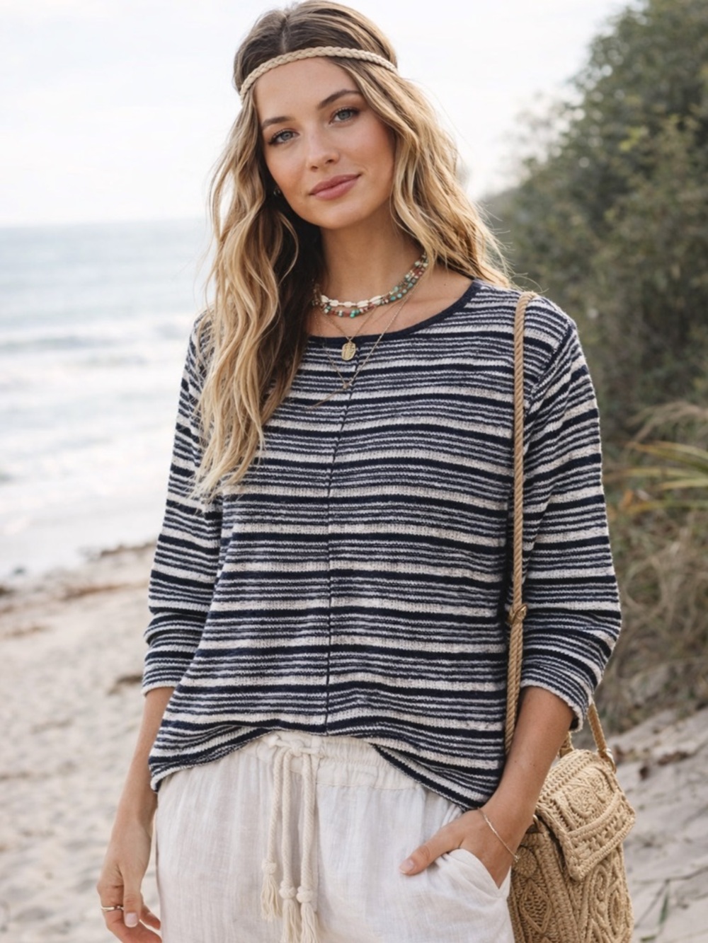 Free People Beach Navy Blue Striped Lightweight Sweater